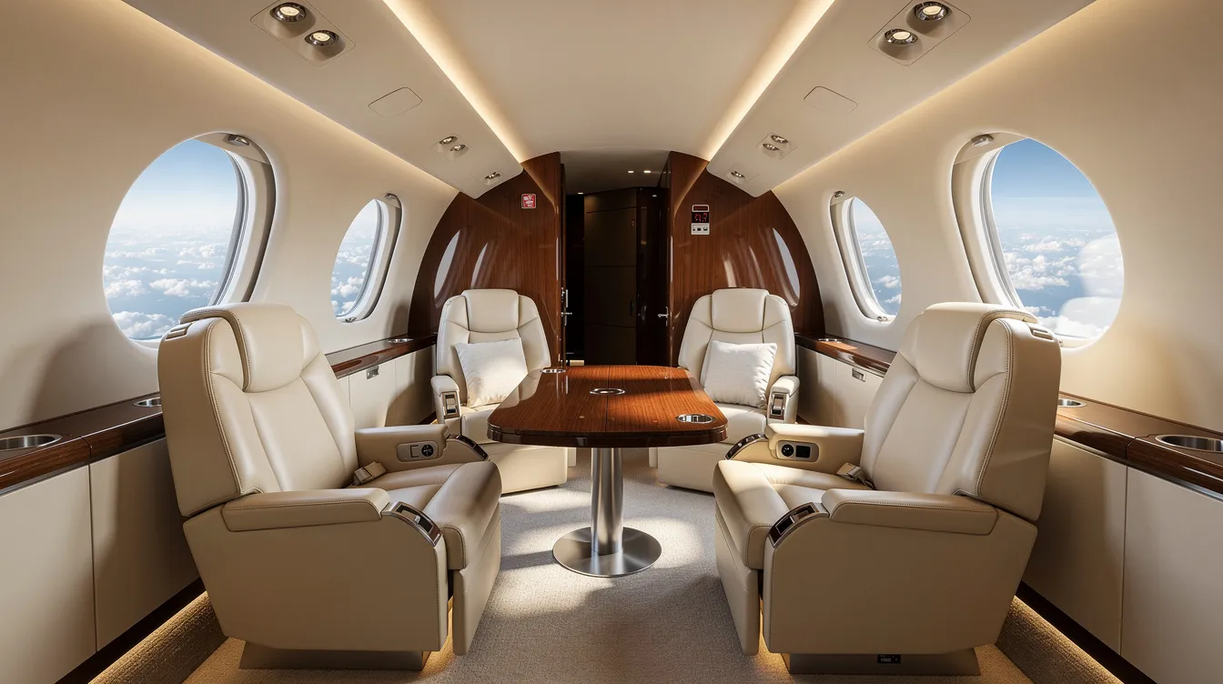 The interior of a private jet features cream leather seats arranged in a comfortable club seating configuration, complemented by large oval windows that enhance the spacious cabin. This luxurious family airplane is designed for ultimate cabin comfort, making it ideal for family vacations and cross-country adventures.