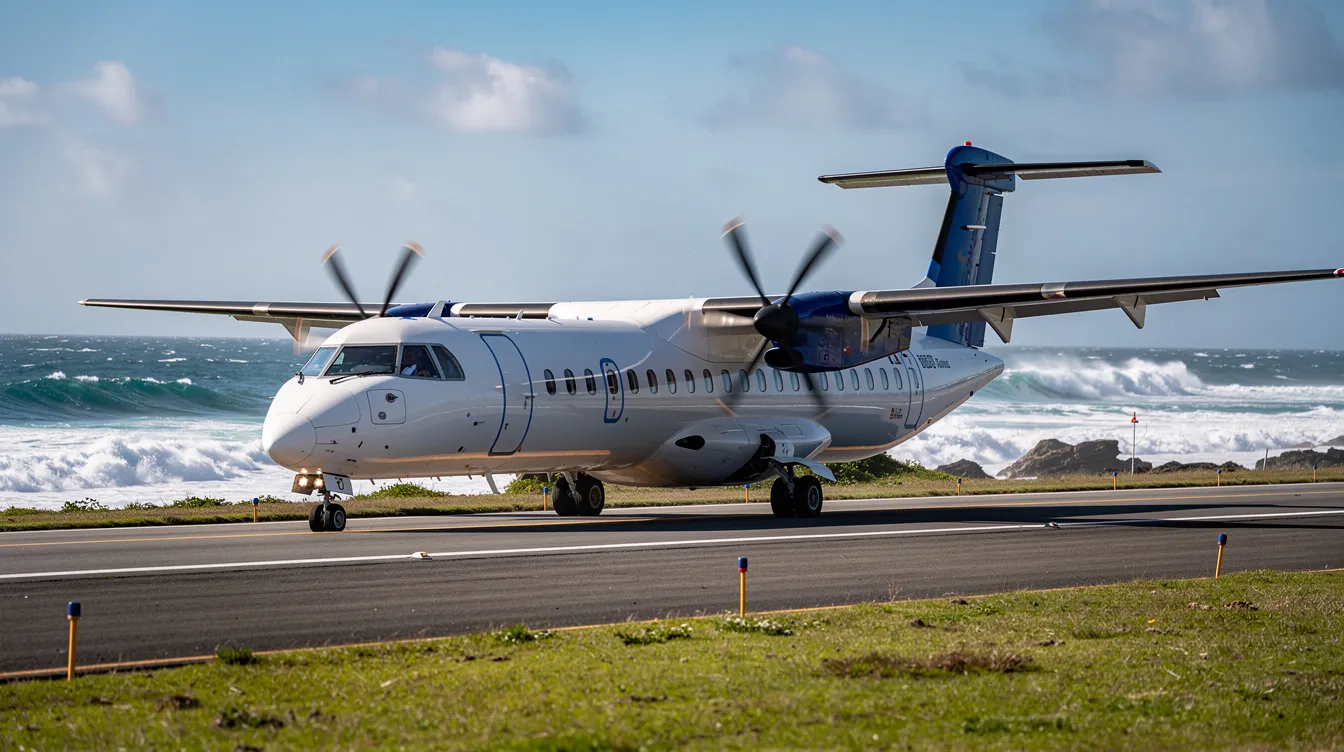 A modern turboprop aircraft is seen taxiing on a small coastal airport runway, with ocean waves gently crashing in the background. This family airplane exemplifies the convenience of private jets for family vacations, showcasing its sleek design and operational capabilities.