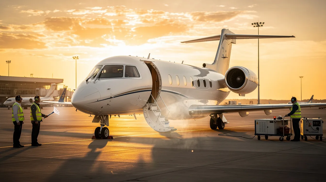 A private jet is parked on an airport ramp during a vibrant sunset, with ground crew members nearby attending to operations. This scene highlights the world of executive jet management, showcasing the dedication and safety of the industry.