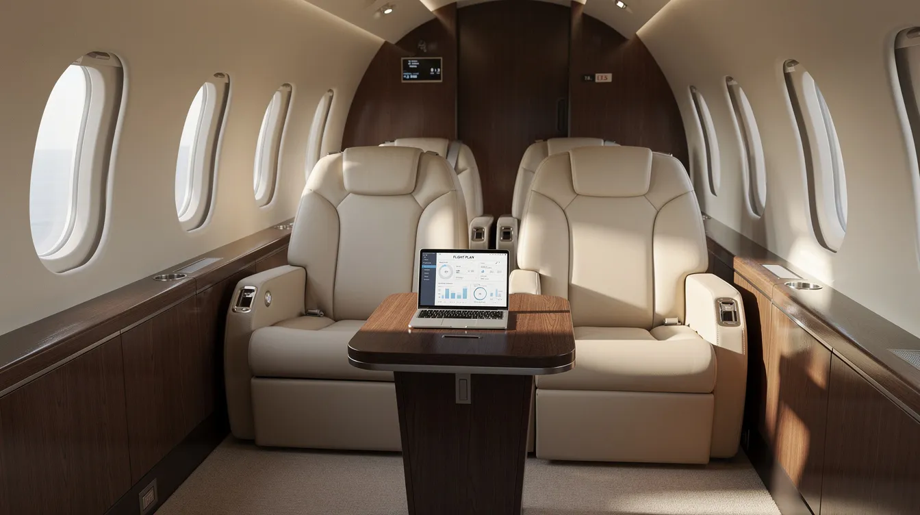 The image depicts the luxurious interior of a private jet, featuring plush leather seats and a small table with an open laptop, all illuminated by natural light streaming through oval windows. This setting reflects the high standards of aircraft services, emphasizing comfort and transparency for aircraft owners.