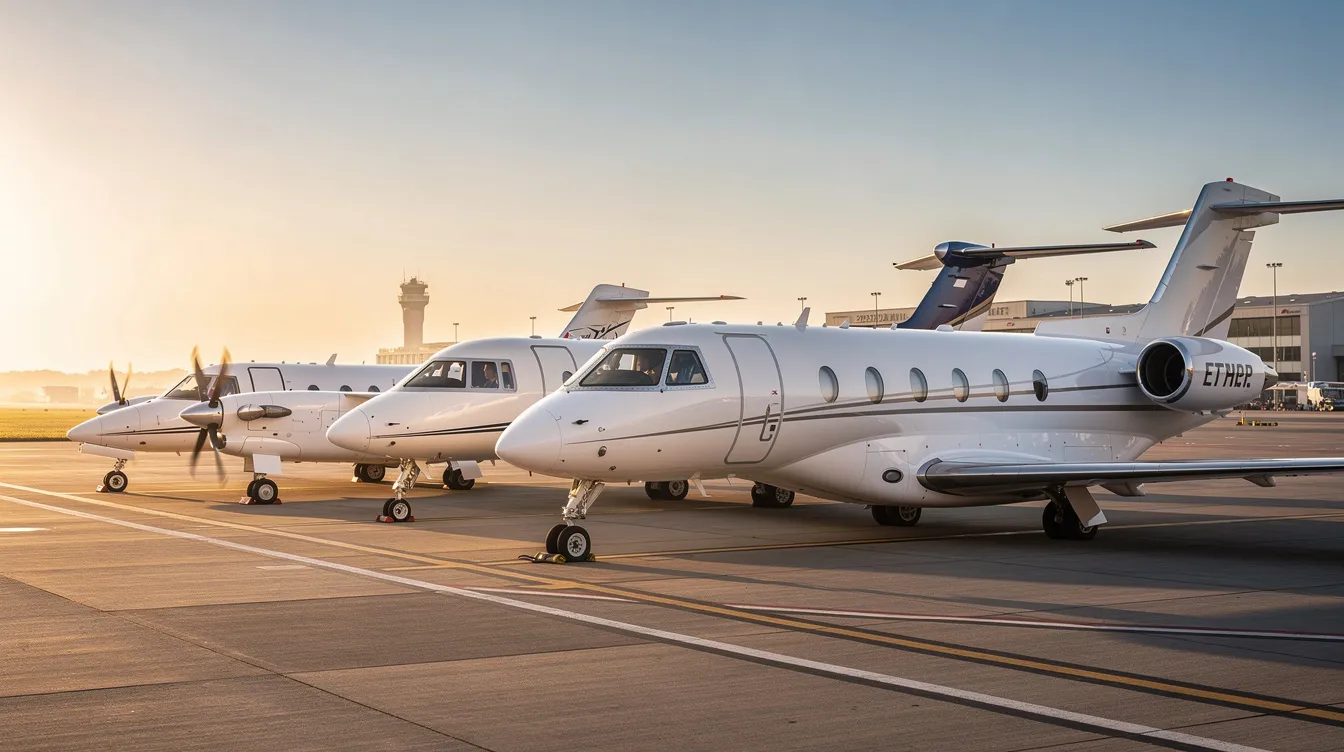 The image shows several private jets of varying sizes lined up on an airport ramp, showcasing a small turboprop next to a large cabin heavy jet. This scene highlights the diverse fleet available for aircraft owners seeking unparalleled safety and transparency in aircraft services.