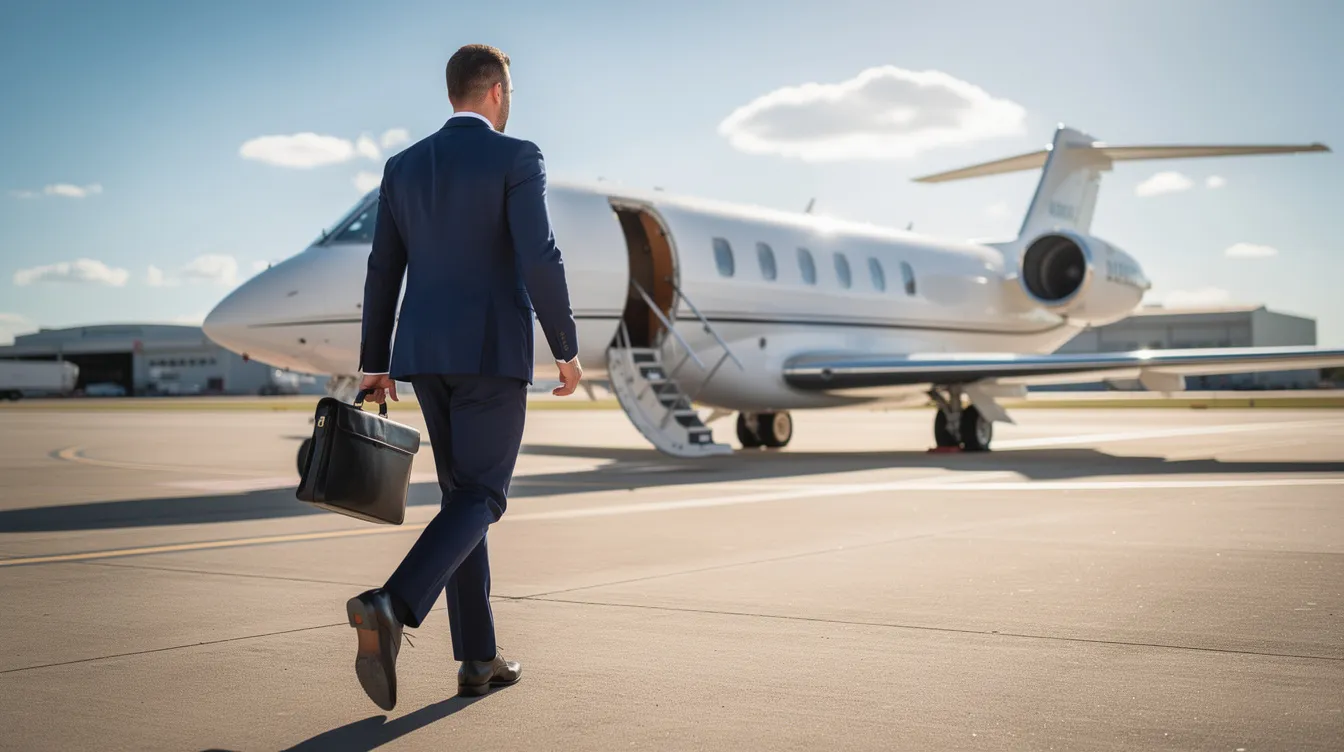 A business traveler in a sharp suit walks confidently toward a private jet on a sunny tarmac, holding a briefcase in hand, symbolizing the importance of aircraft services for clients seeking unparalleled safety and transparency in their travel. The scene captures the essence of professionalism and the dedication of a company that has served aircraft owners for over twenty years.