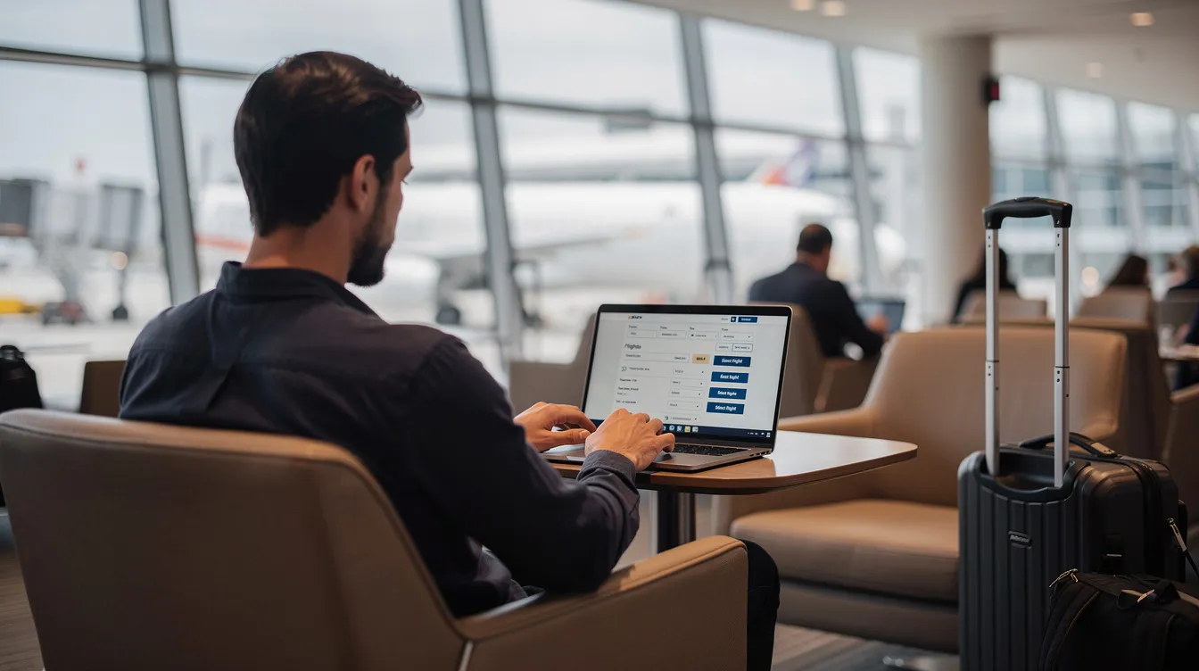 A traveler is seated in a modern airport lounge, using a laptop to browse flight options on the screen, highlighting the convenience of executive air transport. The atmosphere is comfortable and designed for relaxation, making it an ideal space for planning travel.