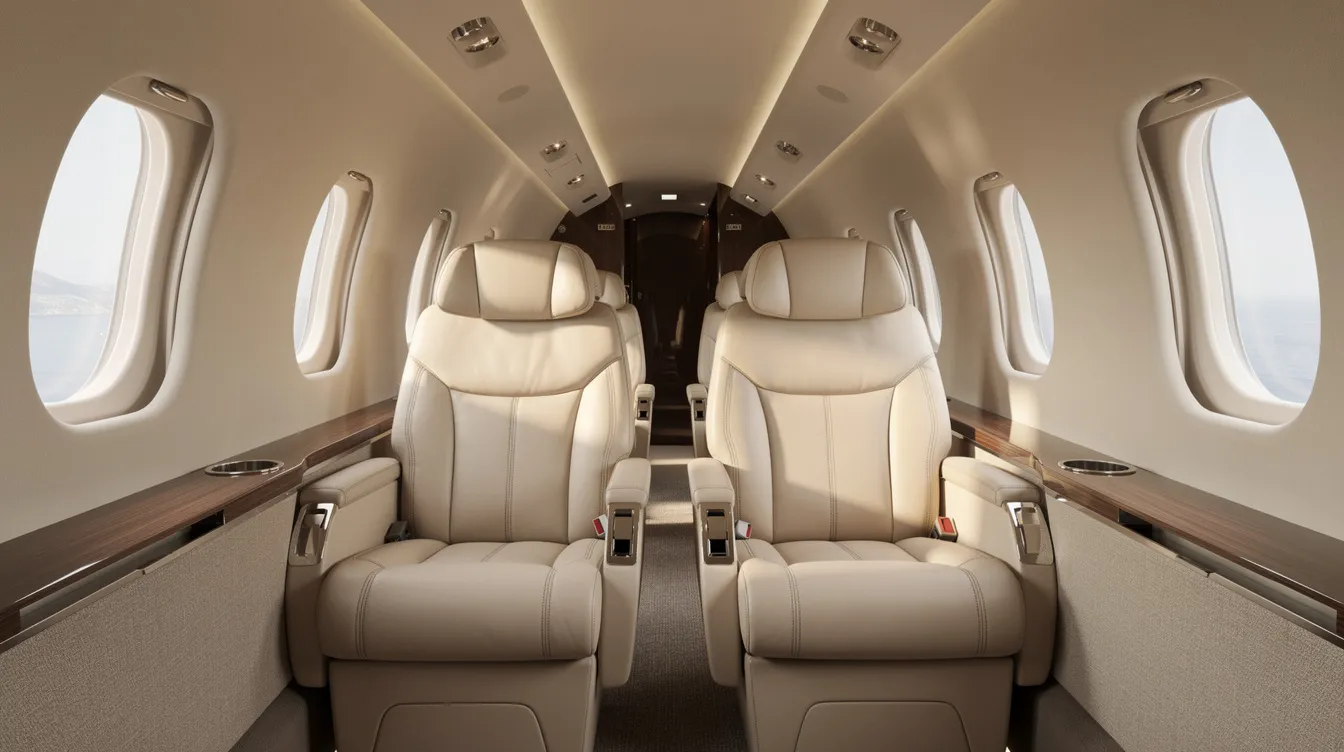 The image depicts the interior of a midsize private jet cabin featuring cream leather seats and ample natural light streaming in through oval windows, emphasizing comfort and luxury in executive air transport. This inviting space is designed for convenience and relaxation during flights.