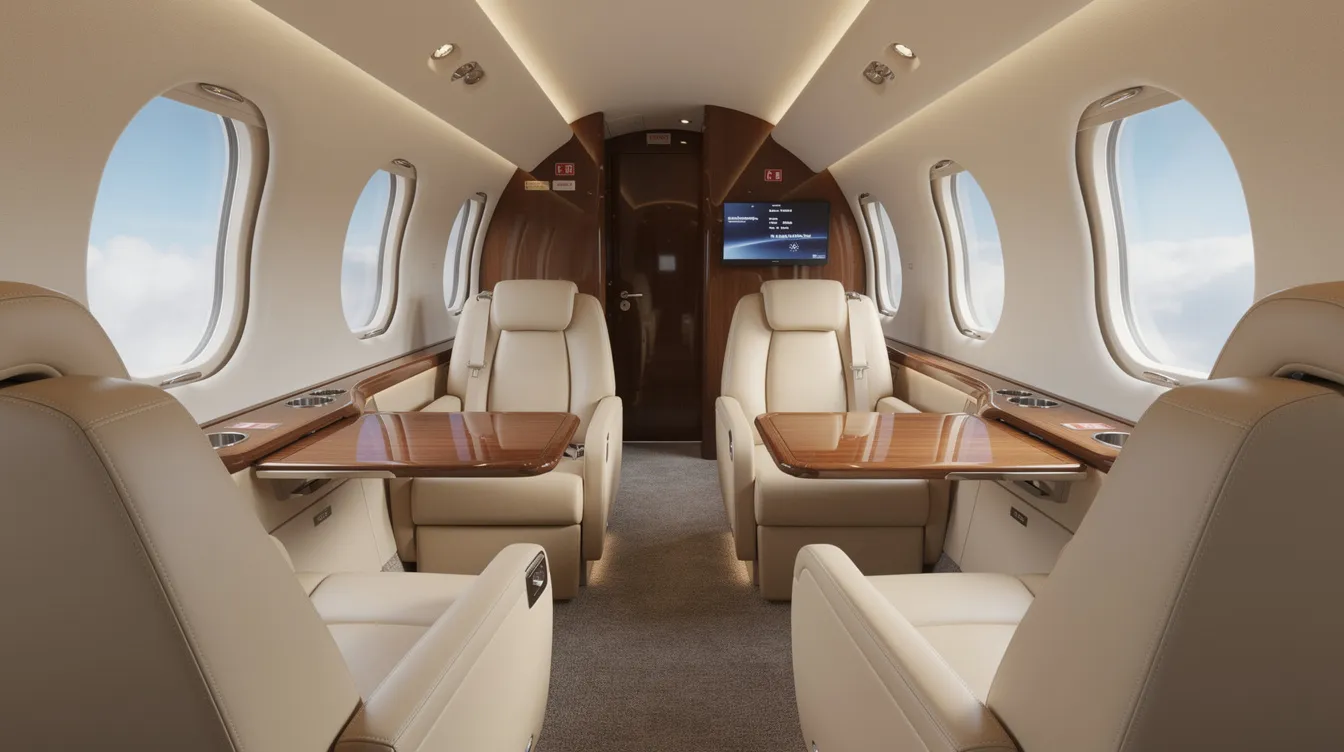 The image depicts the interior of a midsize private jet, featuring cream leather seats arranged in a club configuration, complemented by elegant wood-tone tables and large oval windows that provide ample natural light. This luxurious setting exemplifies first-class accommodations in executive aviation, ideal for meetings or leisure while flying to worldwide destinations.