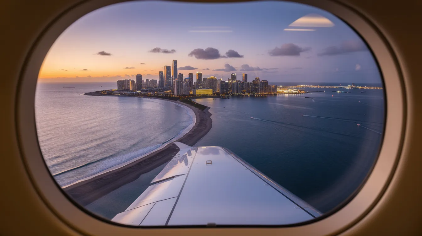 The image captures a stunning view from inside a private jet, showcasing a coastal city skyline at dusk, with the jet's wing prominently in the foreground. This scene exemplifies the luxury of executive aviation, offering first-class accommodations and a unique perspective on worldwide destinations.