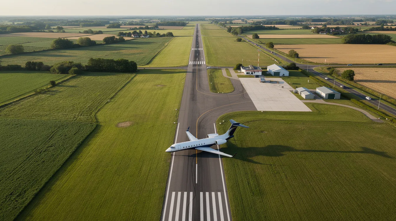 An aerial view captures a small private airport nestled in the countryside, featuring a single business jet taxiing towards the runway, highlighting the efficiency and elegance of executive aviation. This serene setting underscores the first class accommodations and dedicated service that cater to clients seeking to fly private to worldwide destinations.