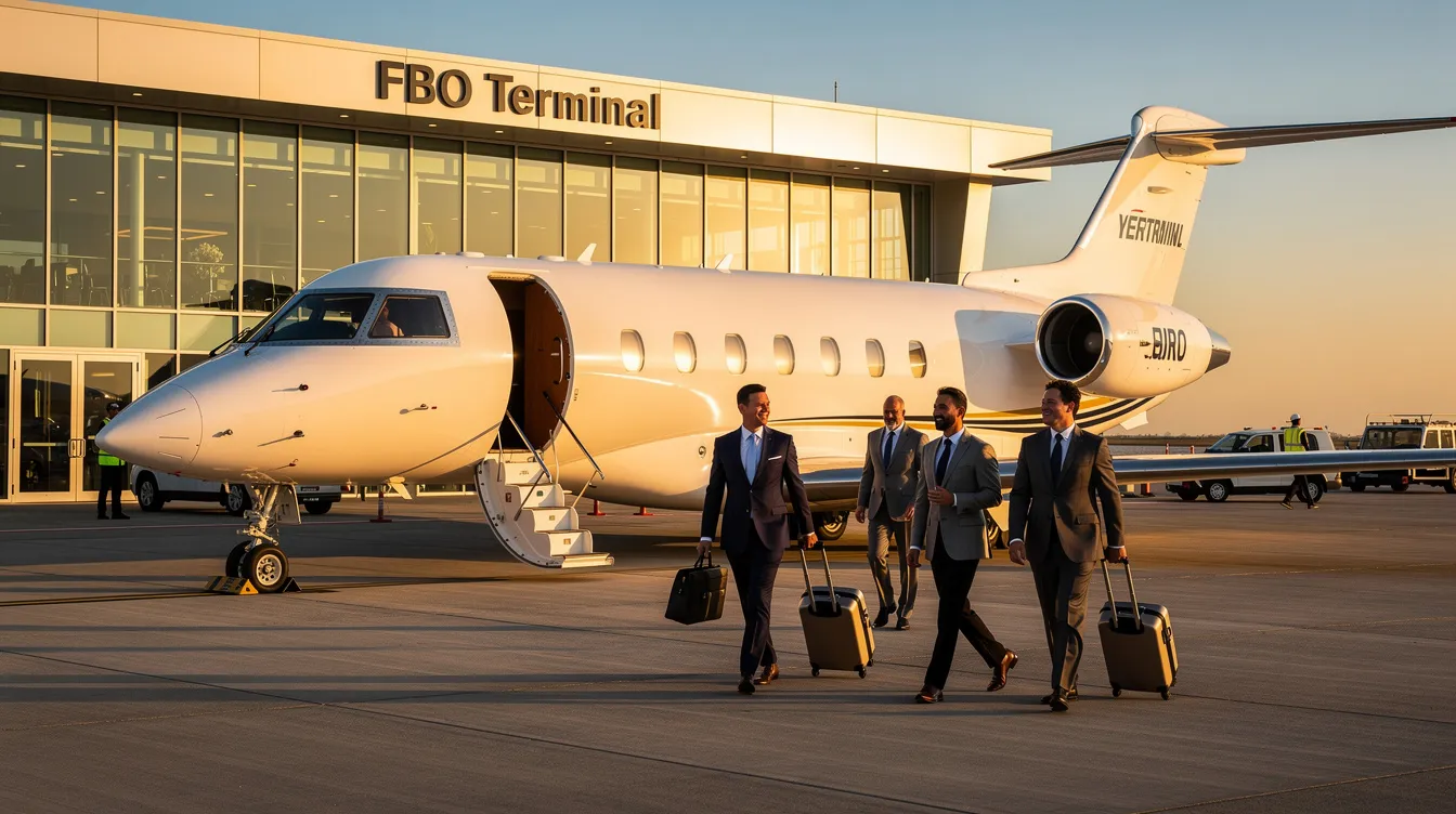 A private jet is parked at an FBO terminal as business executives walk toward the aircraft, showcasing the convenience and luxury of private aviation for business travel. The scene highlights the appeal of private jets for business leaders seeking efficient and comfortable travel options.