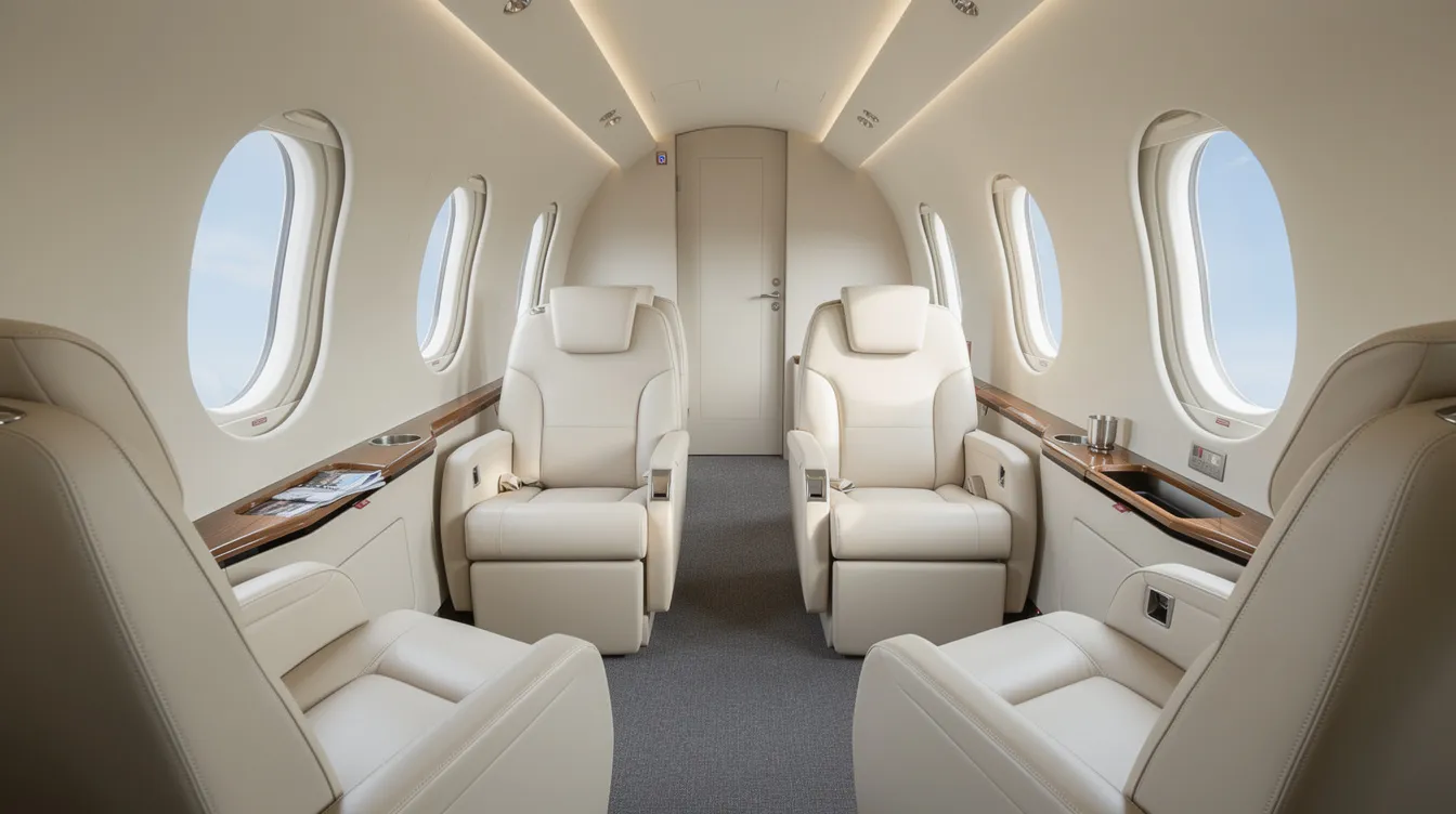 The image depicts the luxurious interior of a light business jet, featuring plush cream leather club seating and large oval windows that allow natural light to fill the spacious cabin. This elegant space is designed for business travelers seeking comfort and style in private aviation.