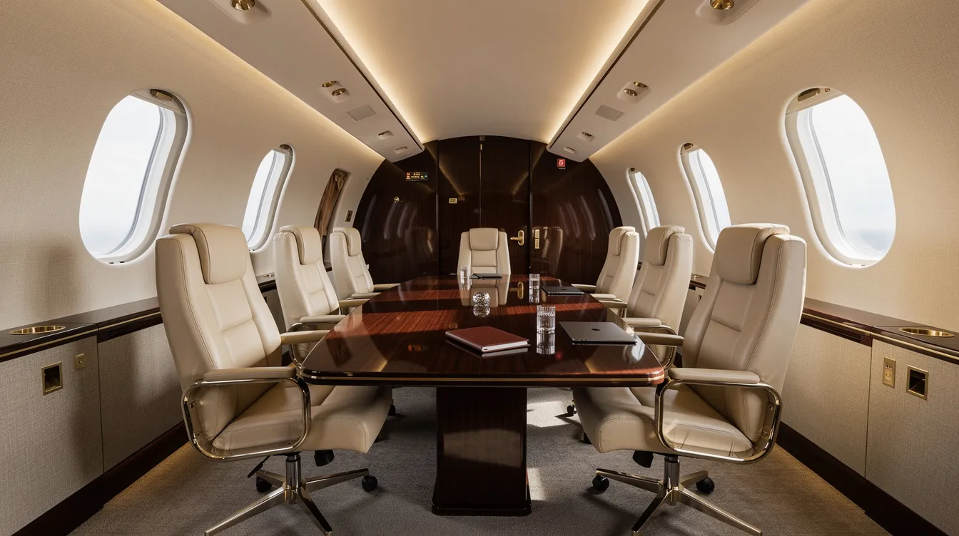 The image depicts a luxurious private jet cabin featuring a conference table setup surrounded by cream leather seating, designed for business travelers seeking comfort and style during private aviation journeys. The spacious cabin design includes modern amenities, creating an ideal environment for meetings and relaxation while flying on one of the best private jets for business travel.