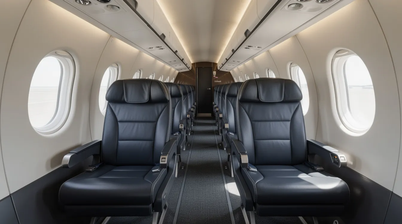The image depicts the interior of a regional jet cabin, featuring rows of comfortable leather seats arranged in a 2-1 configuration, typical of the Embraer ERJ 145 model. This layout enhances passenger comfort for flights, showcasing the aircraft's design tailored for efficient transport.