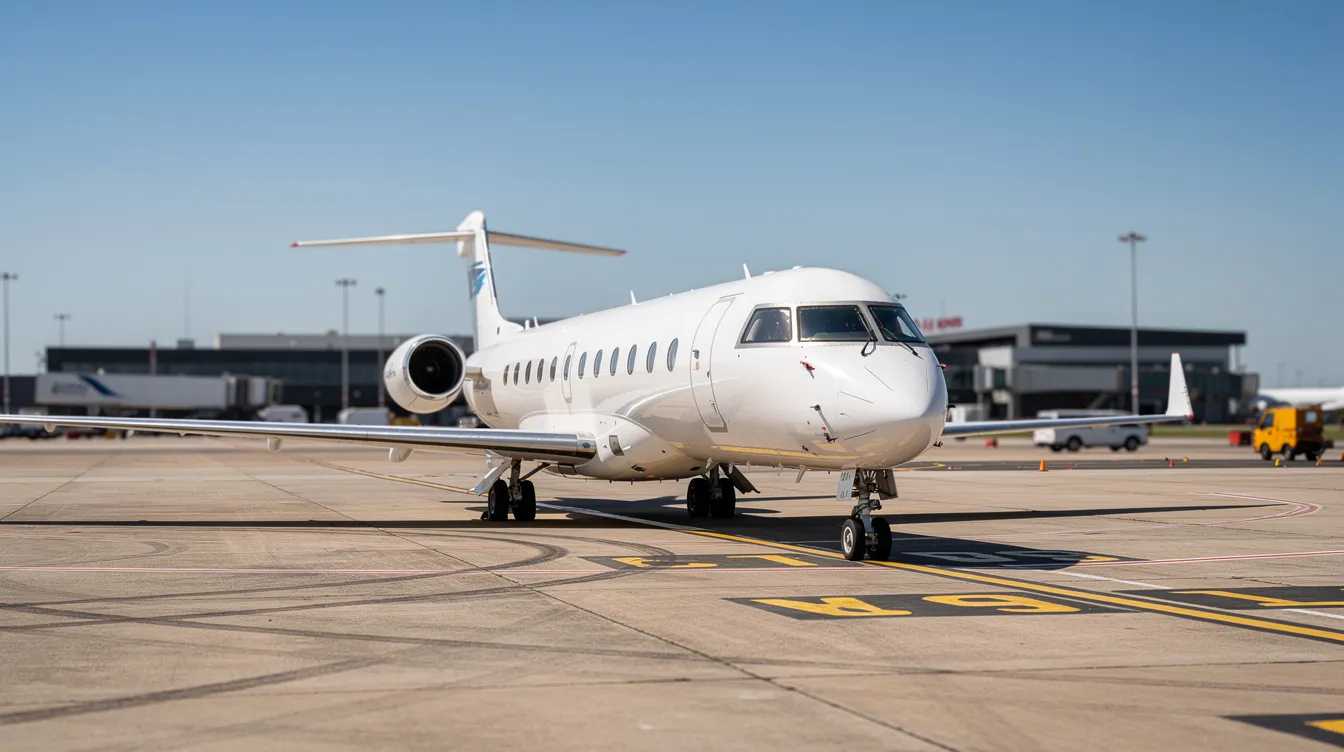 An Embraer ERJ 145LR regional jet is parked on an airport tarmac under a clear blue sky, showcasing its sleek design and engines. This aircraft model is often sought after for its comfortable seating and efficient flight range, making it a popular choice for companies looking to enhance their transport capabilities.