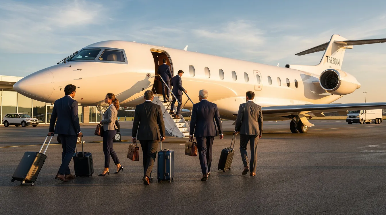 A group of professionals is boarding a private jet via airstairs at a private terminal, ready for their flight on an Embraer ERJ 145LR. The scene captures the sleek design of the aircraft, emphasizing its comfortable interior and modern specifications, ideal for business travel.
