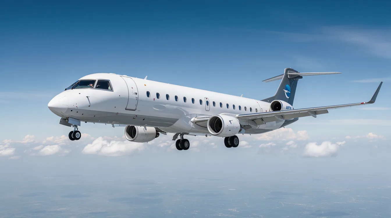 A modern Embraer 175 regional jet is soaring through a clear blue sky, with soft clouds surrounding it, showcasing its sleek design and advanced avionics. This twin-engine aircraft is known for its fuel efficiency and is commonly used for mid-range flights by airlines like United Airlines and American Airlines.
