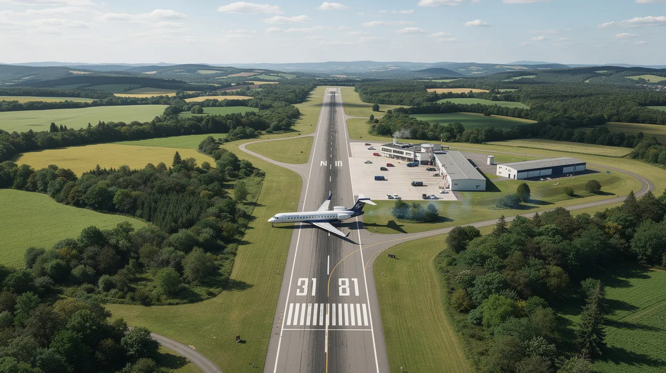 An aerial view captures a small regional airport nestled in a lush green landscape, featuring an Embraer 175 jet positioned on the runway, preparing for takeoff. The scene highlights the airport's operational activity and the aircraft's readiness for mid-range flights.