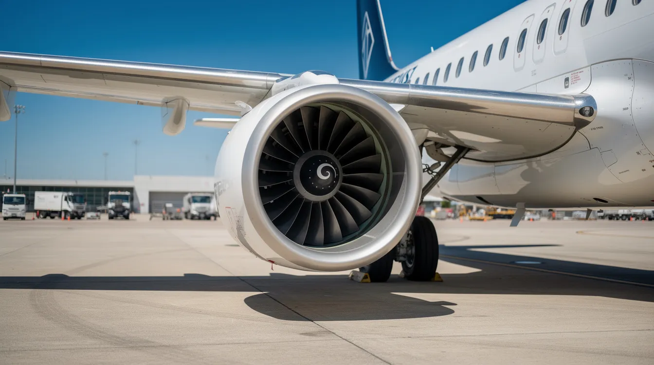 A close-up view of a turbofan jet engine mounted on the wing of an Embraer 175 regional jet, showcasing its advanced avionics and fuel efficiency against a sunny tarmac backdrop. The image highlights the engine's intricate design and operational features, essential for mid-range flights.