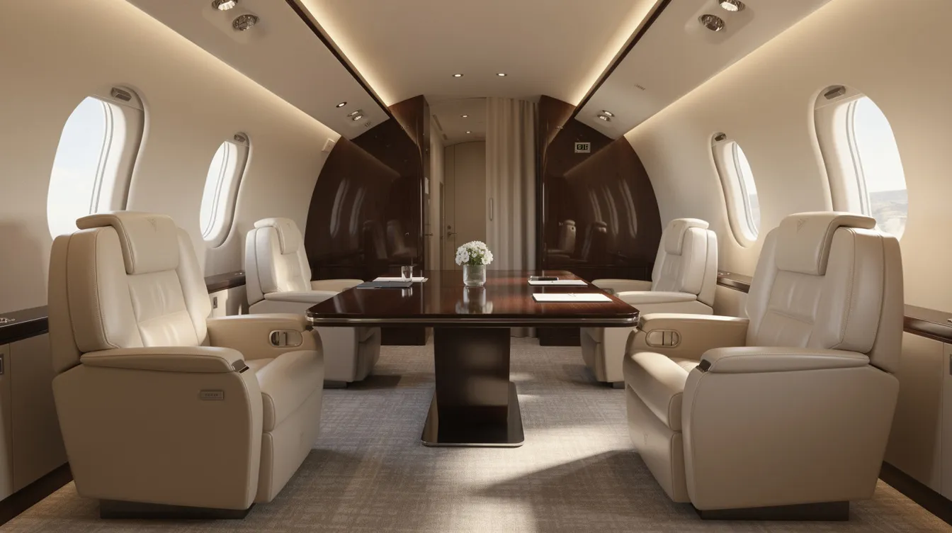 The interior of the Embraer Legacy 650 private jet cabin features luxurious leather club seats arranged around a conference table, complemented by soft ambient lighting that enhances the three distinct zones for relaxation and business meetings. This spacious cabin design is ideal for high net worth individuals seeking comfort and functionality during their journeys.