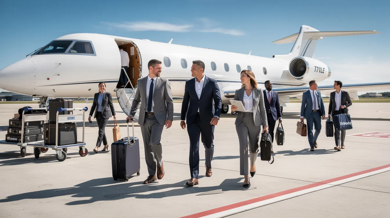 A group of business travelers is walking toward a private jet, specifically an Embraer Legacy 650, on a sunny tarmac, with luggage carts nearby. The scene captures the essence of luxury travel, highlighting the aircraft's spacious cabin designed for high net worth individuals and business meetings.