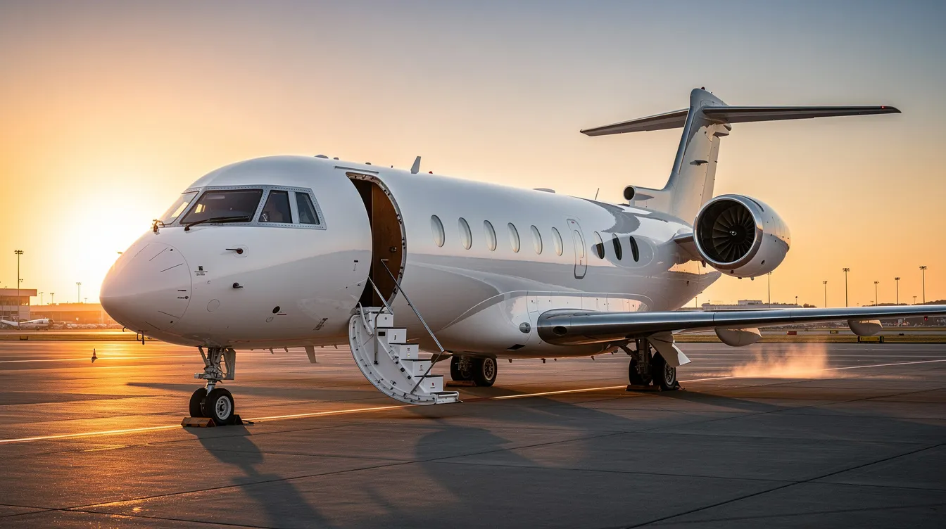A large white Embraer Legacy 650 business jet is parked on an airport tarmac at sunset, with its cabin door open, inviting passengers to enjoy its spacious three-zone cabin layout and luxurious features. The scene captures the elegance of private jets designed for high net worth individuals, ready for their next journey.