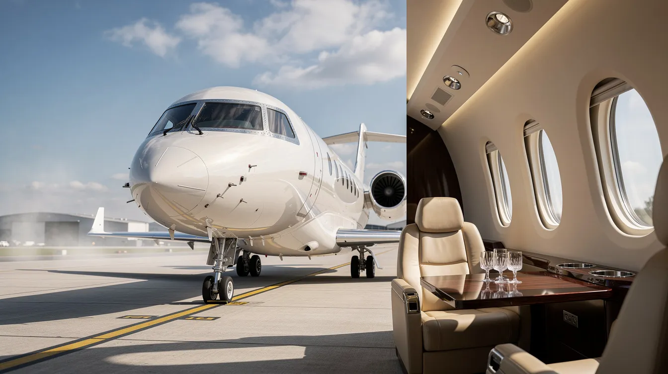 The image depicts a sleek Dassault Falcon 10 private jet, showcasing its modern glass cockpit and spacious cabin designed for six passengers in an executive club configuration. This certified private aircraft remains popular in the used aircraft market, known for its impressive cruise speed and well-equipped amenities.