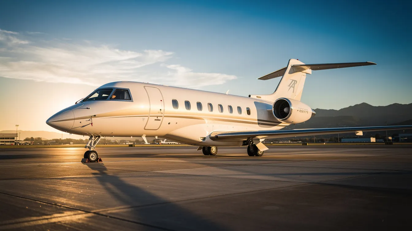 The image features a sleek and modern private jet, specifically a Dassault Falcon 10, showcasing its spacious cabin designed for six passengers in an executive club configuration. This certified private aircraft is equipped with advanced avionics, including a glass cockpit with color screens, and is known for its impressive cruise speed and performance in the used aircraft market.