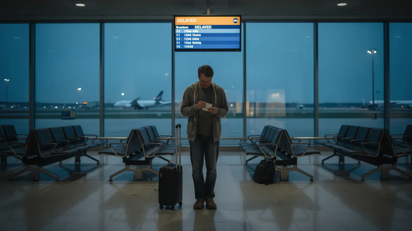 A frustrated traveler stands alone at an empty airport gate, looking around in disappointment as they await their next flight. The scene captures the feeling of isolation and the challenges of travel, highlighting the importance of finding low fares and reliable options for a perfect getaway.