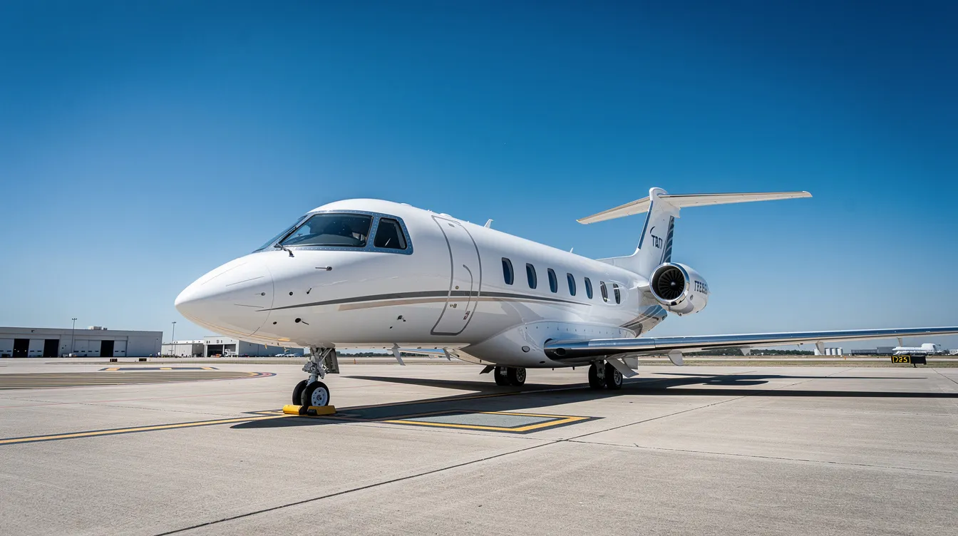 A sleek private jet is parked on a sunlit tarmac under a clear blue sky, symbolizing the ultimate travel dreams and the luxury of flying private. This image captures the essence of a perfect getaway, inviting customers to explore destinations around the world with low fares and comfort.
