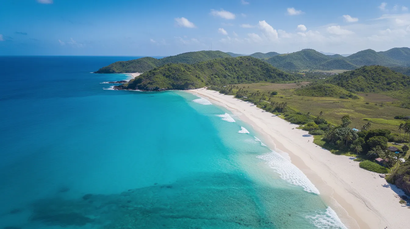 An aerial view showcases a stunning Caribbean coastline with vibrant turquoise waters, white sandy beaches, and lush green hills, highlighting the beauty of the Dominican Republic. This picturesque landscape is ideal for travelers seeking luxurious amenities and relaxation, making it a perfect destination for private jet charters to Punta Cana or La Romana.