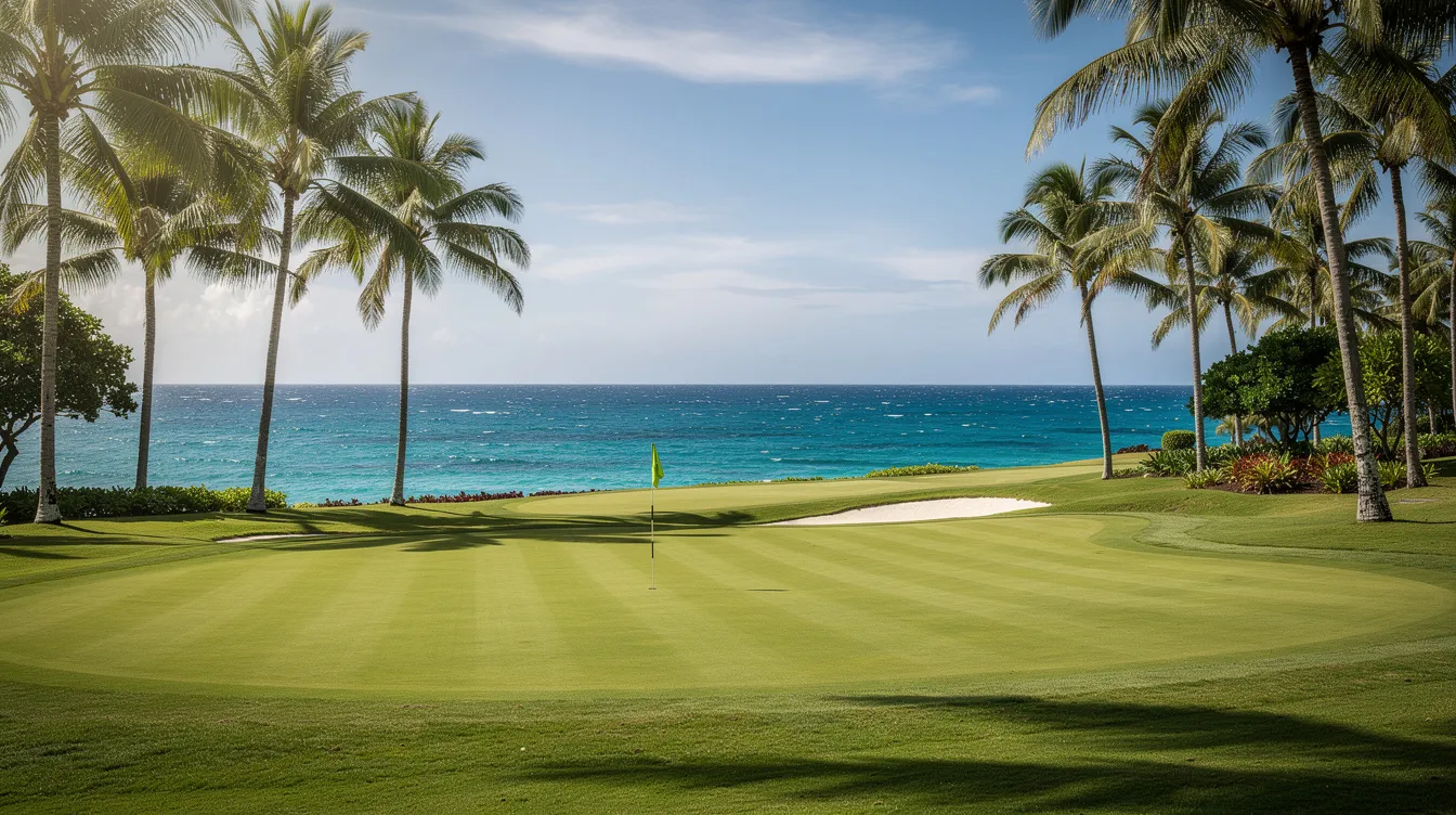 A picturesque golf course, lined with palm trees, overlooks the bright blue Atlantic Ocean on a sunny day, showcasing the luxurious amenities of the Dominican Republic. This idyllic setting is perfect for travelers looking to relax and enjoy the vibrant culture and stunning beaches, making it an ideal destination for private jet travel to Punta Cana or La Romana.