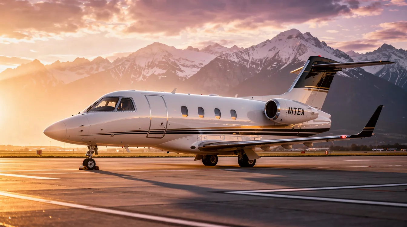 A small private jet is parked on a tarmac at sunset, with majestic mountains in the background casting a warm glow. This serene scene captures the essence of luxury travel, perfect for business travelers looking to book flights during peak travel periods like the upcoming holiday travel season.
