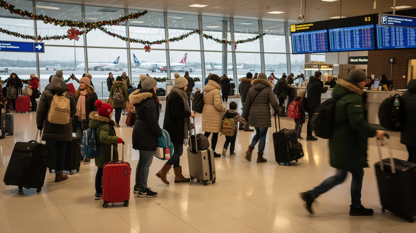 A bustling airport terminal filled with holiday travelers dressed in winter coats, carrying luggage and preparing for their journeys. The scene captures the excitement of holiday flights, as people navigate through the crowd during peak travel periods, likely searching for the best flight deals and planning their outbound flights for Christmas and Thanksgiving.