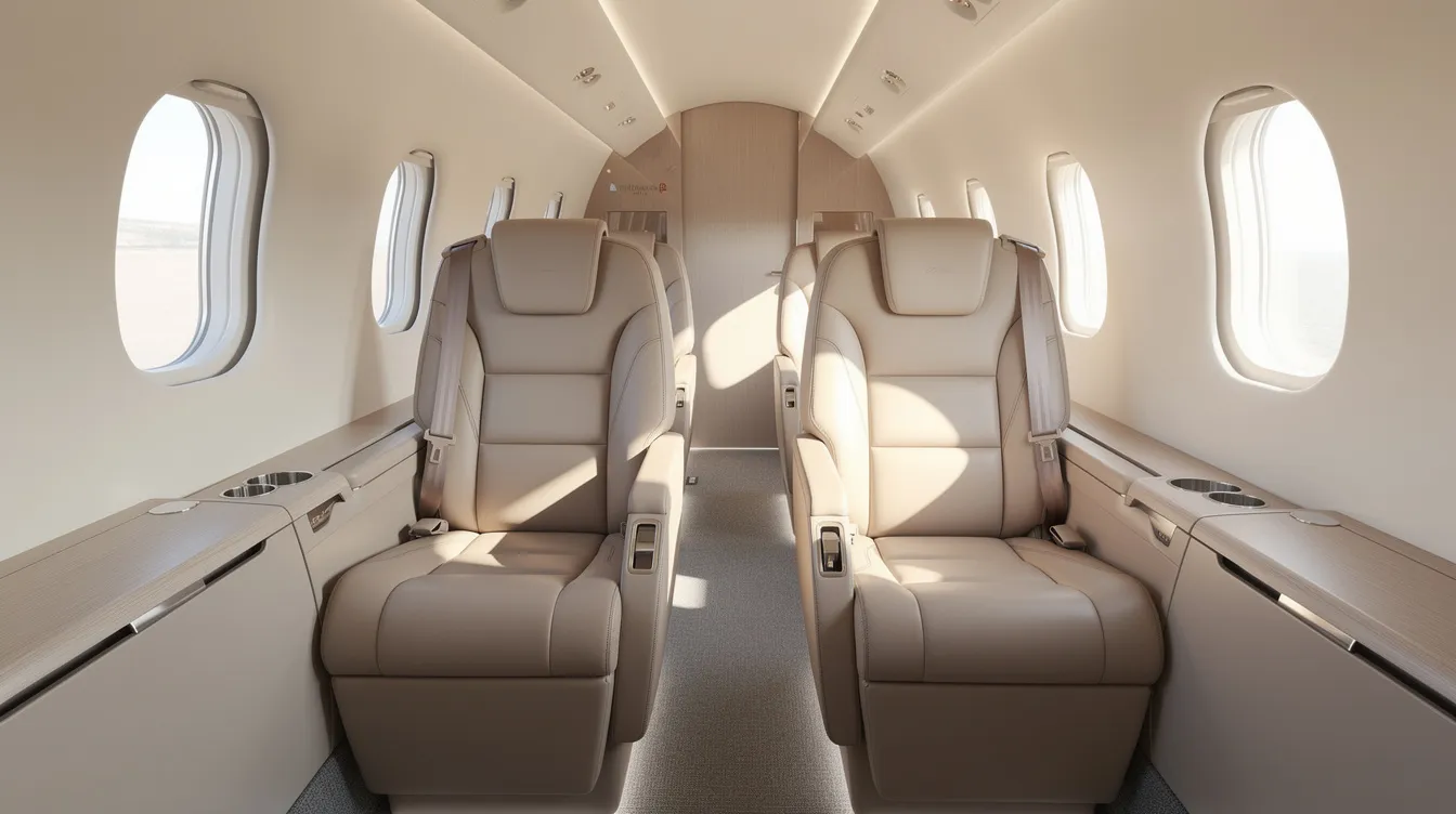 The image depicts the interior of a very light jet featuring four beige leather seats arranged to face each other in a narrow cabin, with sunlight streaming through small windows, creating a warm and inviting atmosphere for private jet flights. This setup exemplifies the comfort and elegance associated with private aviation, making it an ideal choice for those seeking economical private jets for their travel needs.