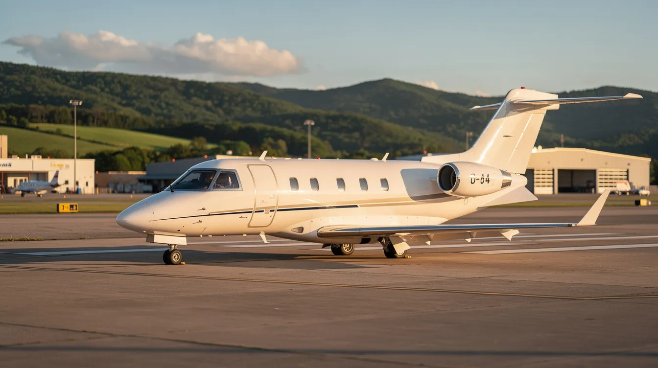 A small white private jet is parked on a sunlit tarmac at a quiet regional airport, with green hills providing a scenic backdrop. This image captures the essence of private aviation, highlighting the appeal of flying privately in a comfortable and efficient aircraft.