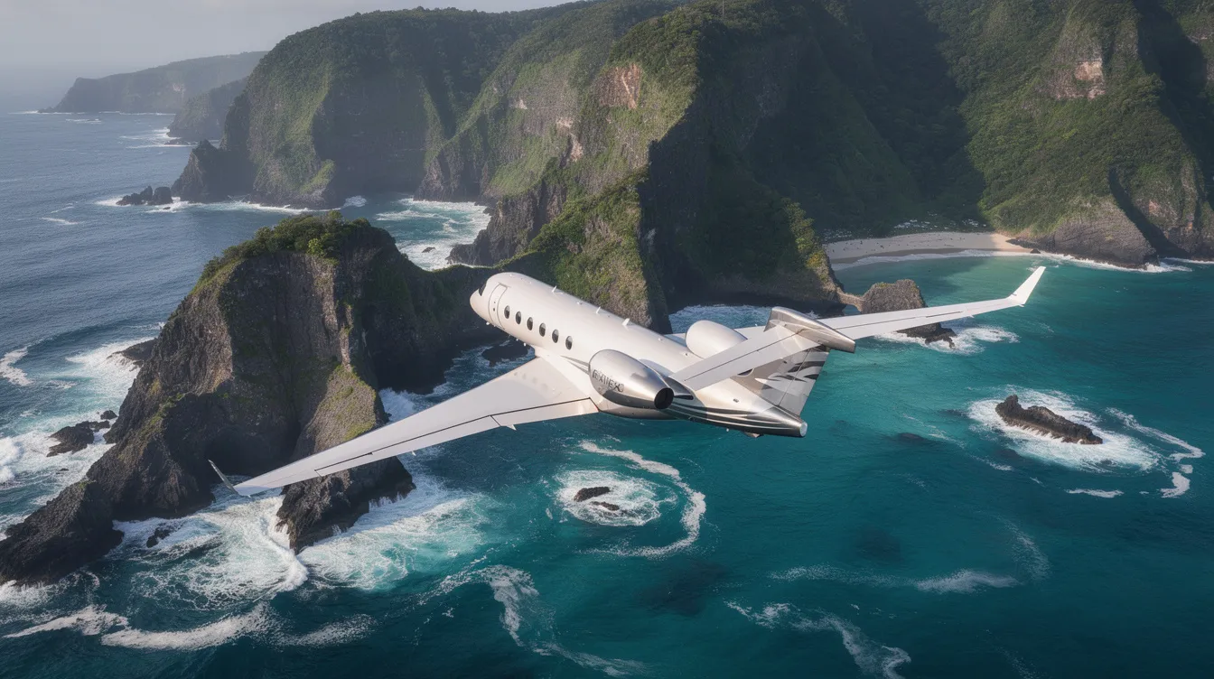 An aerial view captures a sleek private jet soaring above a stunning coastline, where turquoise waters meet lush green cliffs. This image illustrates the luxurious experience of flying private, showcasing the beauty of private aviation and its appeal for travelers seeking scenic routes.