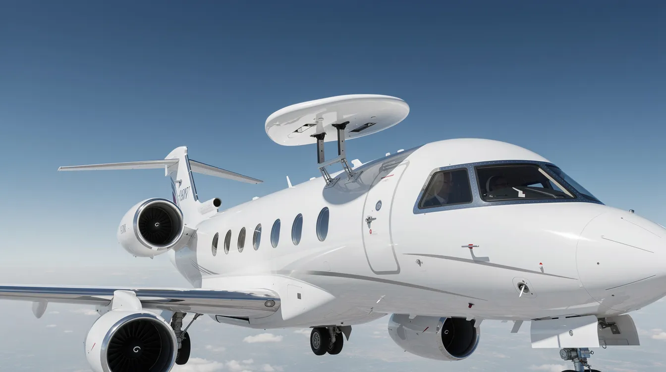 The image shows a satellite antenna mounted on the top of a private jet fuselage, set against a clear blue sky, highlighting the advanced technology that enables in-flight wifi connectivity for private jet travelers. This satellite system provides reliable internet access, allowing business travelers to stay connected during their flights.