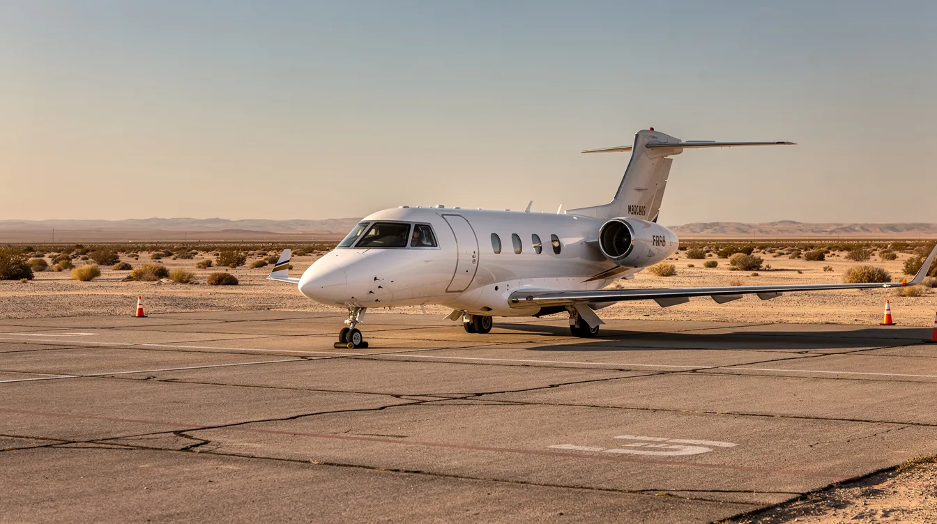 A small white C-21 jet aircraft is parked at a remote desert airfield, surrounded by flat terrain, showcasing its twin turbofan engines and wingtip fuel tanks. This military version of the Learjet is designed for cargo and passenger airlift, capable of accommodating up to eight passengers, including medical evacuations for ambulatory and litter patients.