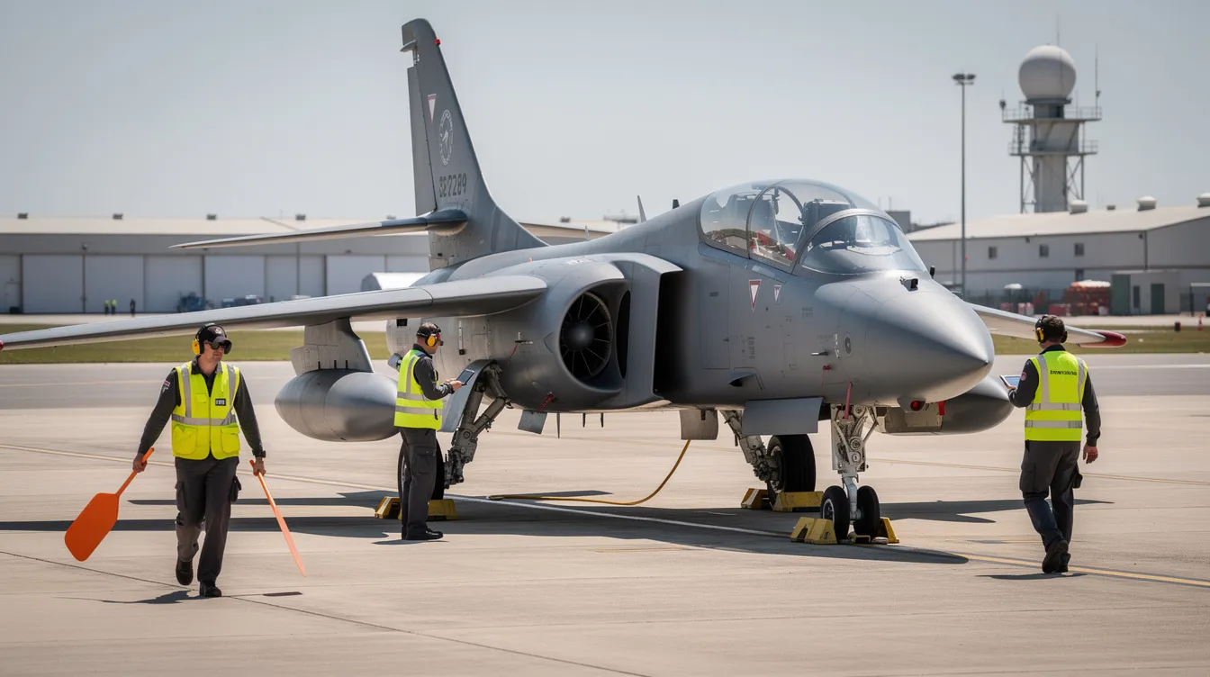 A small C-21 twin-engine jet, a military version of the Learjet 35, is parked on the tarmac at Scott Air Force Base, surrounded by ground crew members walking nearby. This aircraft, designed for operational support airlift, has the capability to transport cargo and up to eight passengers, including medical evacuations for ambulatory patients.