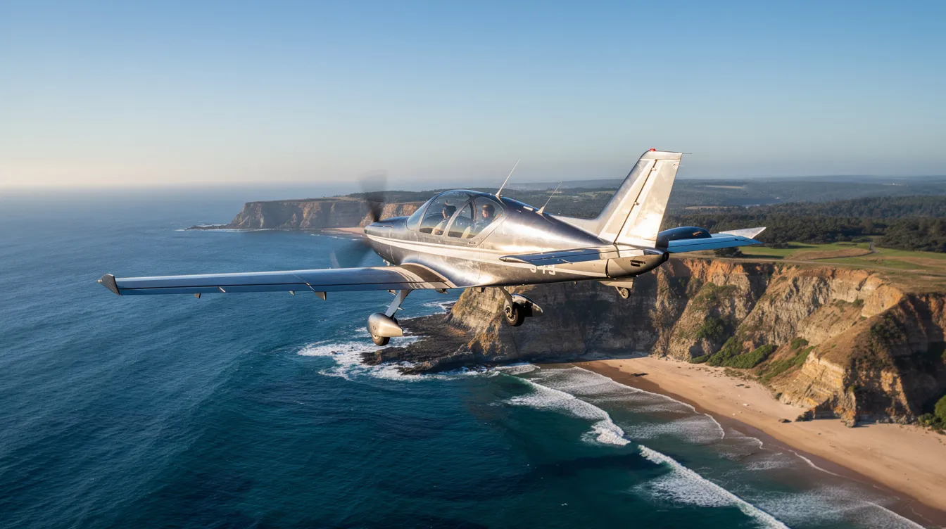 A two-seat personal aircraft is soaring through clear skies above a picturesque coastline, showcasing its efficient forward flight capabilities. This electric vertical takeoff and landing (eVTOL) aircraft exemplifies modern personal aviation technology, designed for stable flight and enhanced safety systems.