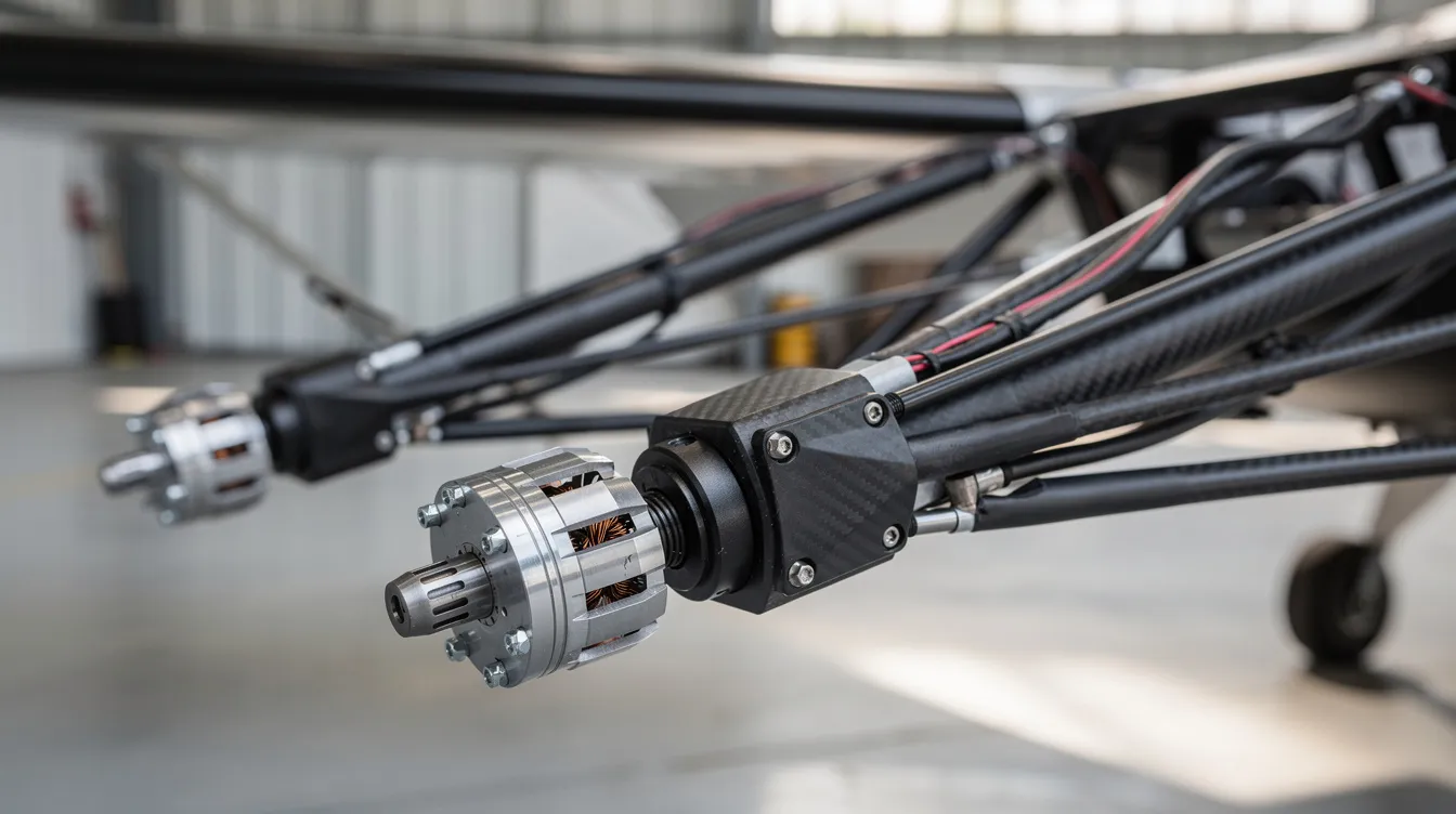 The image shows a close-up view of small electric motors and carbon fiber propeller arms mounted on a lightweight aircraft frame, highlighting the advanced technology used in personal electric vertical takeoff and landing (eVTOL) aircraft designed for efficient forward flight and urban air mobility. This detailed perspective emphasizes the components that contribute to stability, safety systems, and energy efficiency in personal aviation.