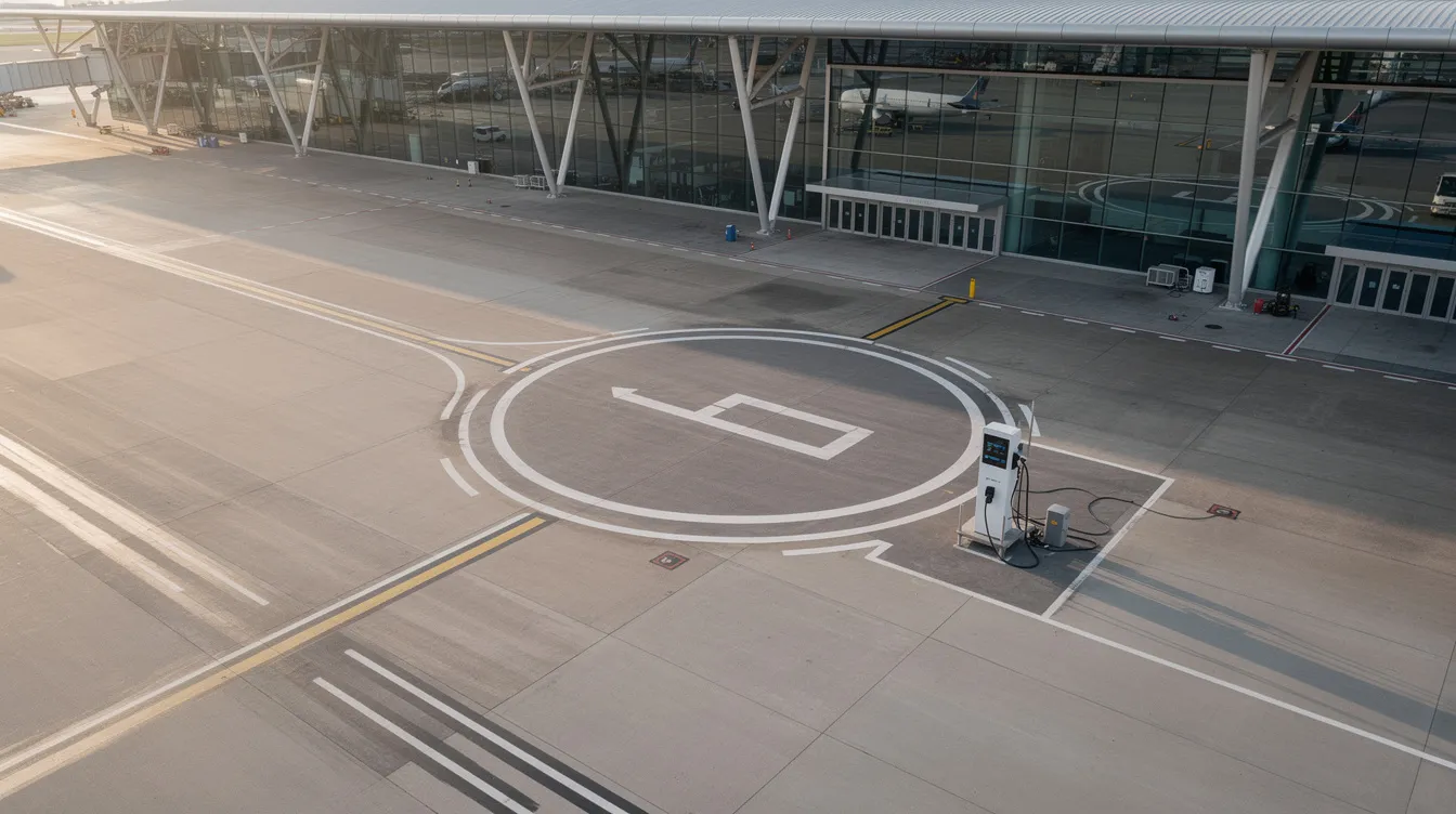 An aerial view shows a small landing pad adjacent to a modern airport terminal, equipped with a charging station for electric vertical takeoff and landing (eVTOL) aircraft. This setup highlights the growing trend of personal aviation and urban air mobility, facilitating efficient forward flight and rapid deployment of air taxi applications.