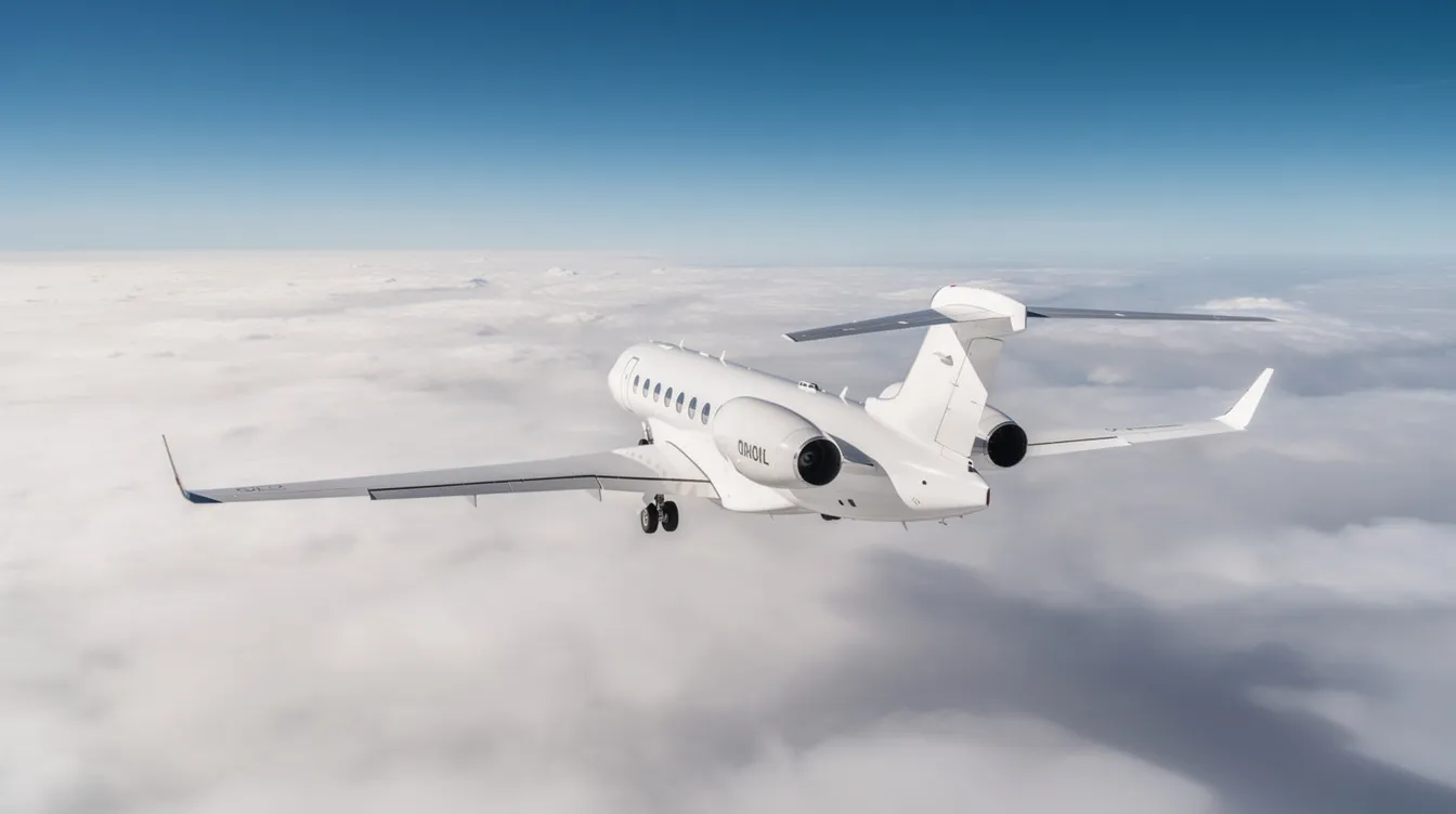 A sleek private jet, resembling the Gulfstream G700, soars above a thick layer of fluffy white clouds under a clear blue sky, showcasing the freedom and luxury of private aviation. This all-new jet, equipped with Rolls Royce Pearl 700 engines, is designed for high net worth individuals seeking exceptional range and efficiency in business aviation.