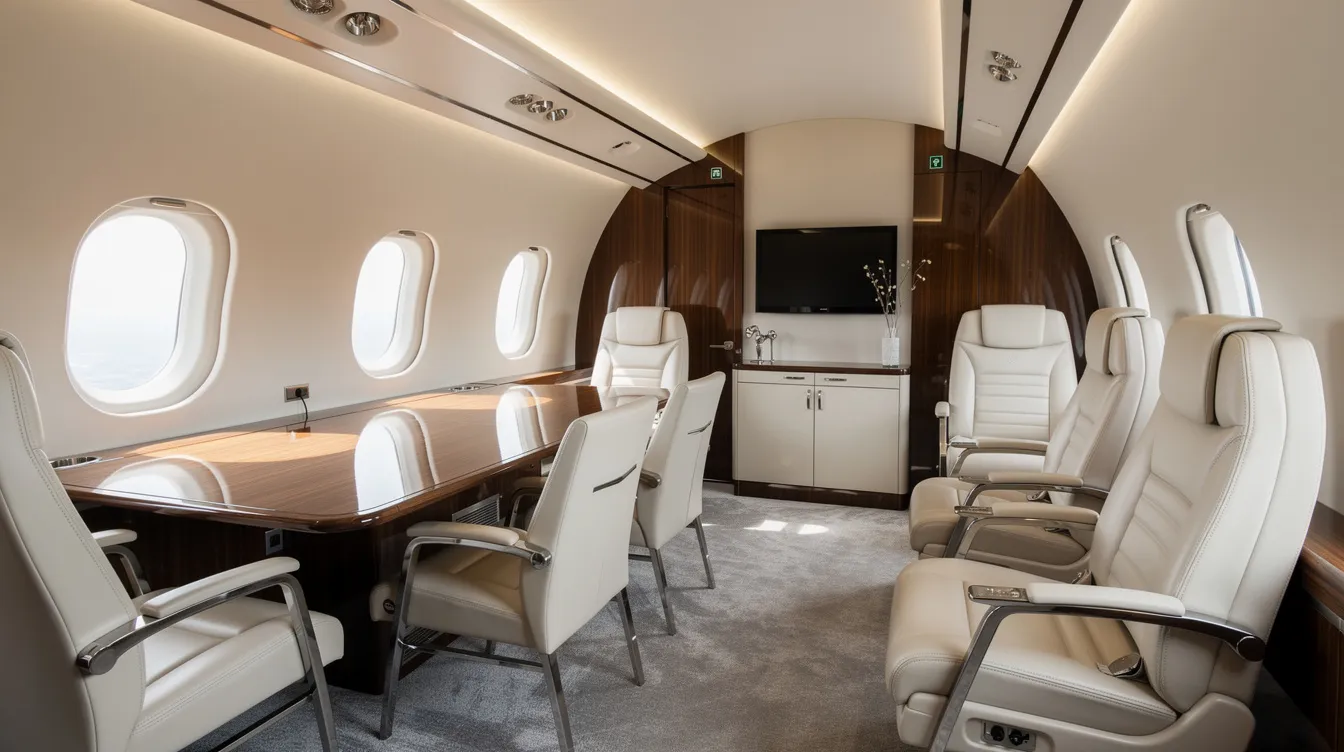 The image depicts the interior of a luxurious private jet cabin, featuring wide leather seats and a conference table positioned near large windows, showcasing the spacious layout typical of high-end business aviation. This elegant setting is ideal for high net worth individuals seeking comfort and efficiency while traveling, exemplifying the exceptional range and performance of aircraft like the Gulfstream G700.
