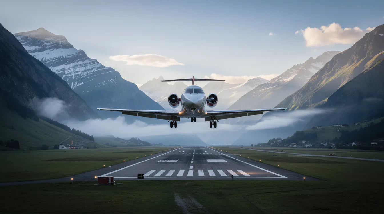 A small private jet, resembling a Cessna Citation Mustang, is approaching a short runway nestled in a mountainous valley, emphasizing the capabilities of very light jets in accessing smaller airports. This scene highlights the efficiency and versatility of compact light jets in business aviation, ideal for personal use and lower operating costs.