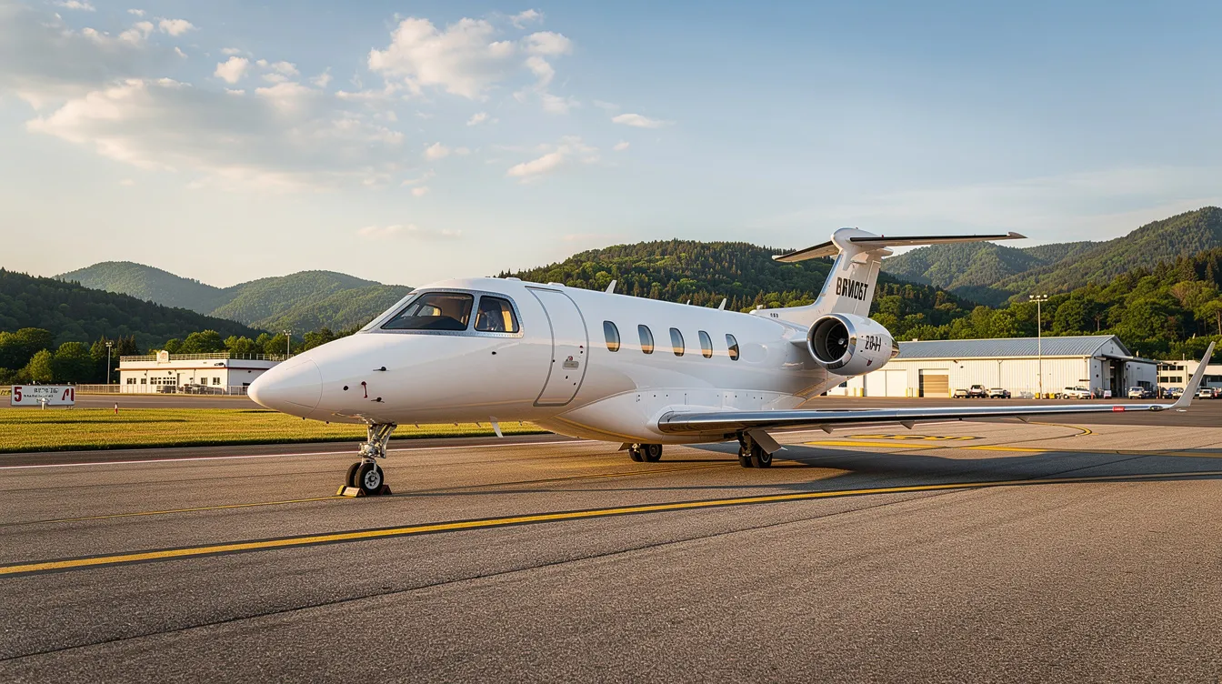 A sleek very light jet, resembling a Cessna Citation Mustang, is parked on the tarmac of a small regional airport, with lush green hills in the background. This compact light jet represents the entry-level jet category in business aviation, ideal for personal use and access to smaller airports.