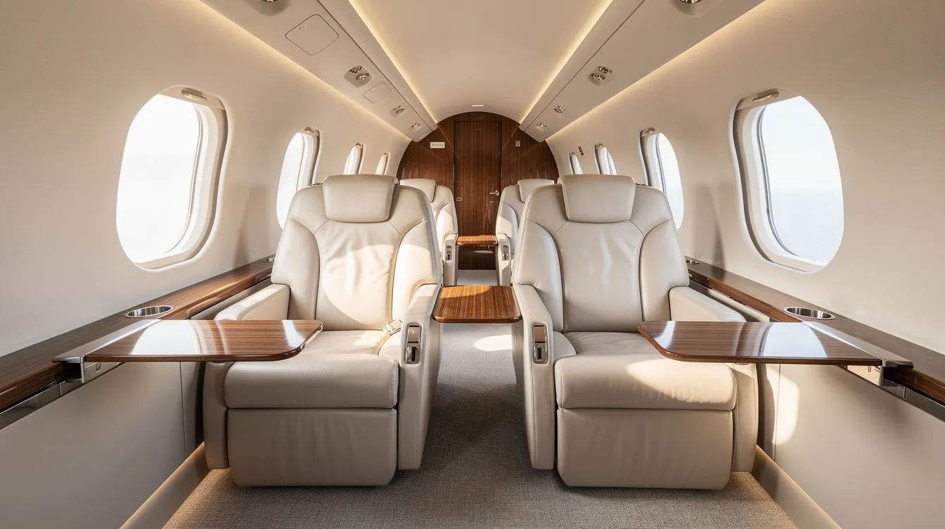 The image shows the interior of a modern light jet cabin, featuring luxurious leather club seats and ample natural light streaming through oval windows. This spacious cabin exemplifies the design quality of Honda Aircraft Company, specifically the HondaJet Elite II, known for its fuel efficiency and advanced performance in the private jet charter market.