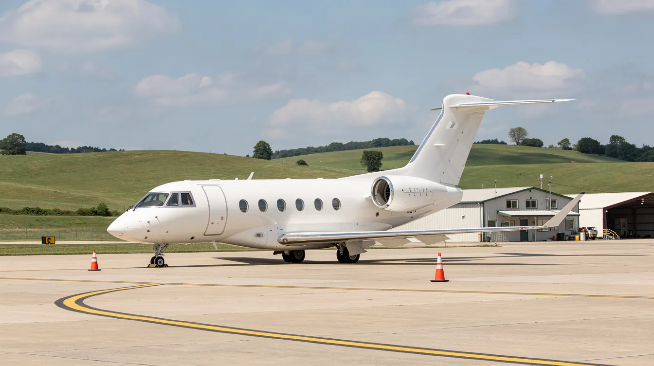 A sleek HondaJet parked on the tarmac of a small regional airport, with rolling hills in the background, showcasing its advanced performance and fuel efficiency. This private jet, part of the very light jet category, highlights the spacious cabin and innovative over-wing engine mount design, representing the Honda Aircraft Company's commitment to luxury in private aviation.