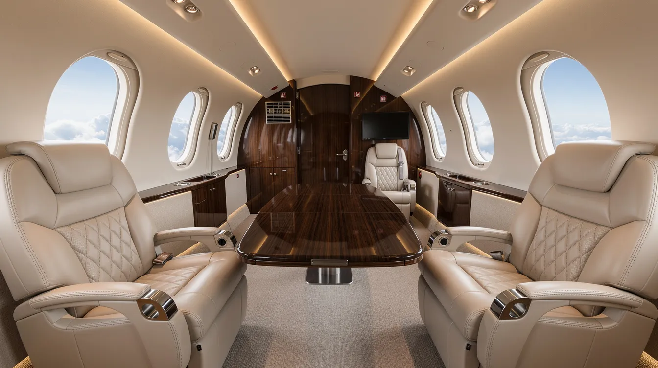 The image depicts the interior of a luxury private jet cabin, featuring plush leather seats arranged around a polished wood table, creating an atmosphere of elegance and comfort ideal for corporate flights. This setting highlights the high standards of service and attention to passenger needs that corporate flight attendants are trained to provide.