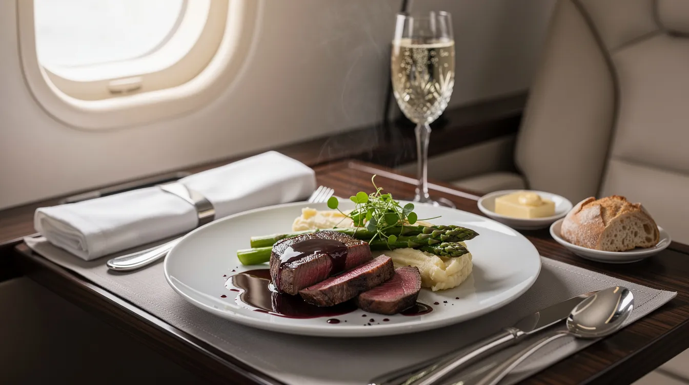 The image depicts a beautifully plated gourmet meal arranged on a luxurious tray table inside a private jet, highlighting the high standards of service expected in corporate aviation. This elegant presentation showcases the attention to detail that flight attendants must master during their formal flight attendant training to meet the needs of passengers in-flight.