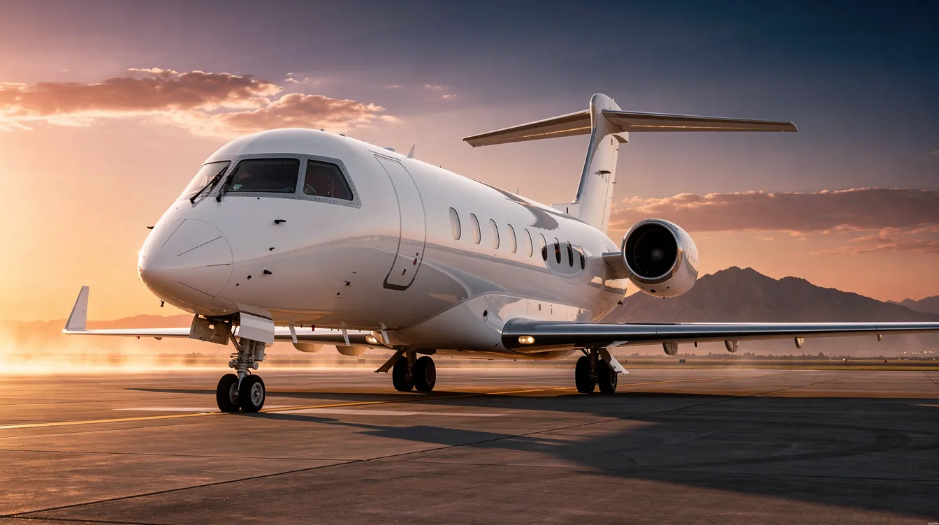 A large white Gulfstream V business jet is parked on the airport tarmac at sunset, with majestic mountains in the background. The aircraft, known for its impressive range and spacious cabin, is a symbol of luxury and performance in the world of aviation.