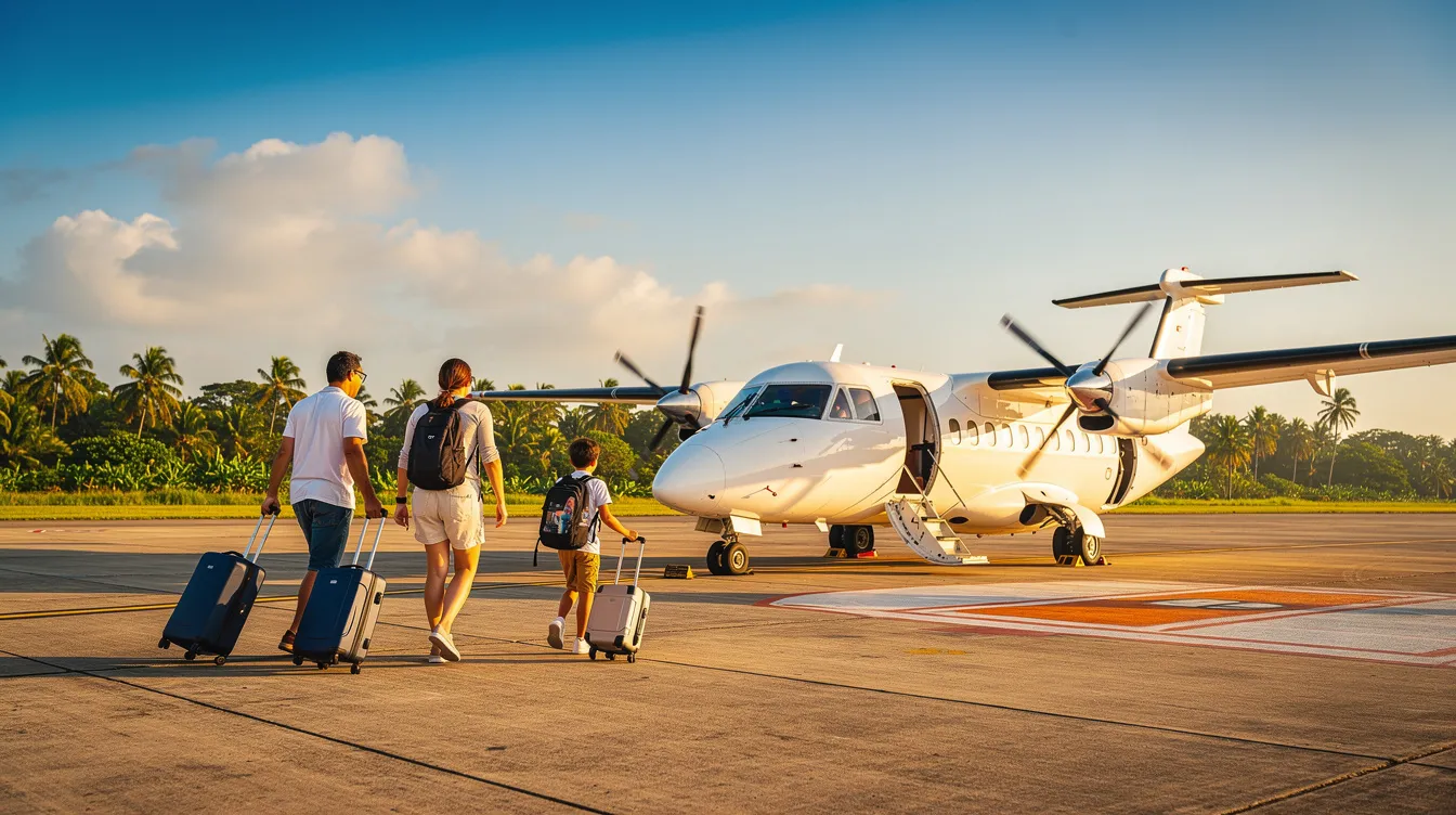 A family of four walks across a sunny airport apron towards a small white turboprop aircraft, with lush tropical vegetation in the background, creating a vibrant scene at Cay Airport. The image captures the excitement of arrivals as they head toward their travel adventure.